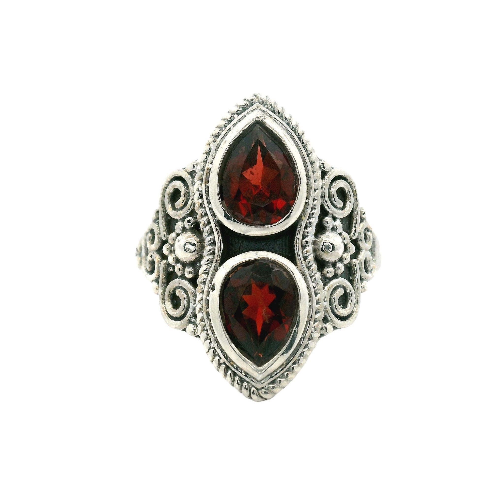 Sterling silver filigree ring with two pear-shaped garnets