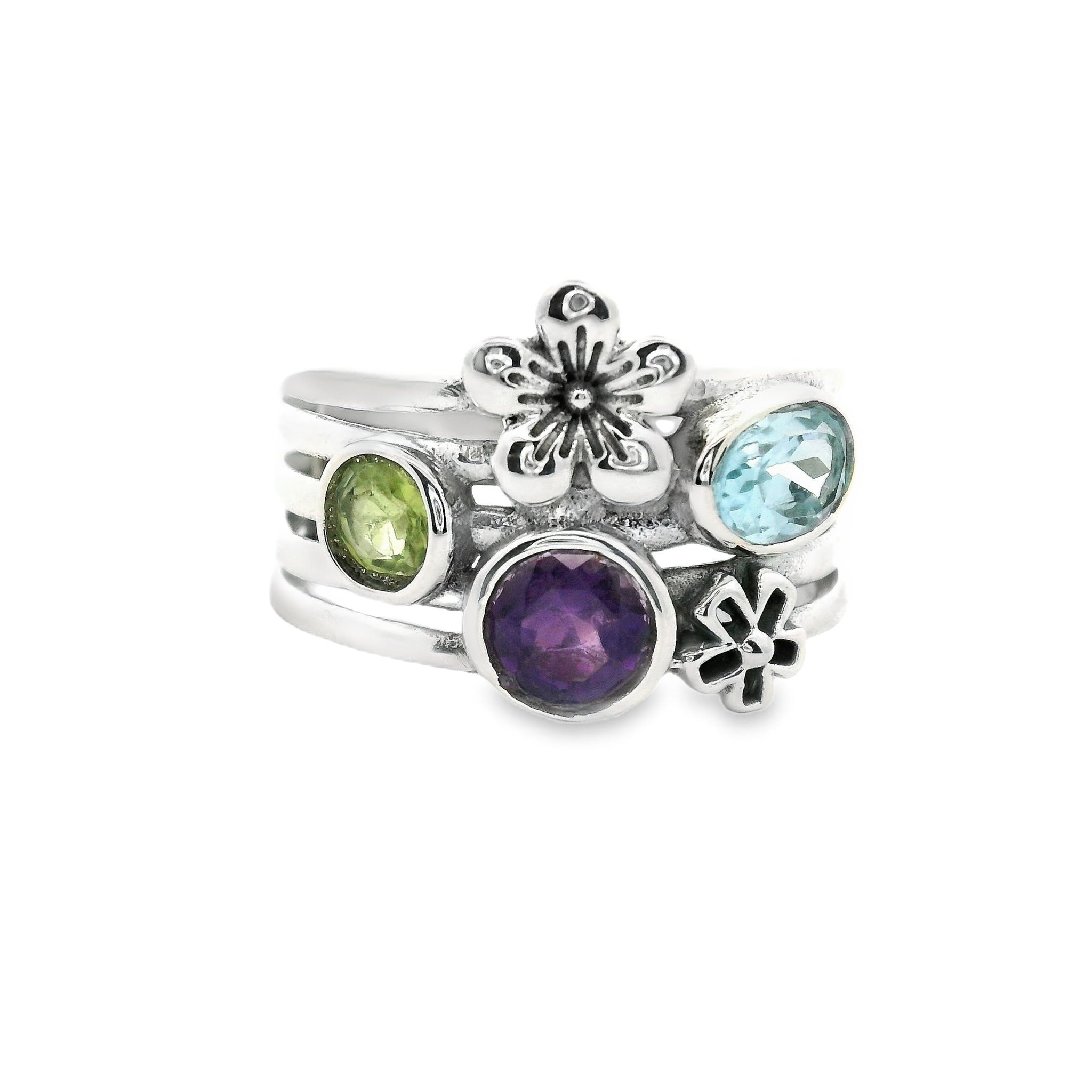 Sterling silver ring with peridot, amethyst, and blue topaz floral design