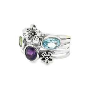 Sterling silver ring with peridot, amethyst, and blue topaz floral design